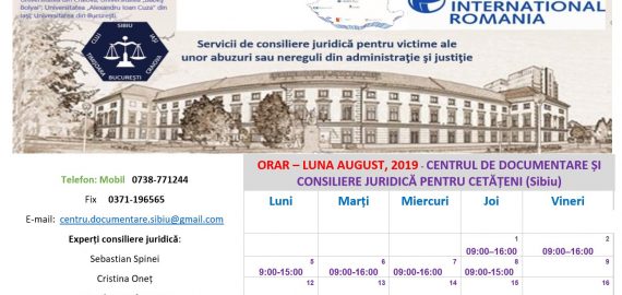 ORAR – LUNA AUGUST, 2019 – CENTRUL DE DOCUMENTARE ȘI CONSILIERE JURIDICĂ PENTRU CETĂȚENI (CDCJC SIBIU)